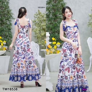 "ส่งไว 1-2วันถึง Maxi dress ผูกไหล่ลายดอกผ้าเชิง แบบผูกเอง (สายปรับระดับได้)มีซิปซ่อนด้านหลัง"