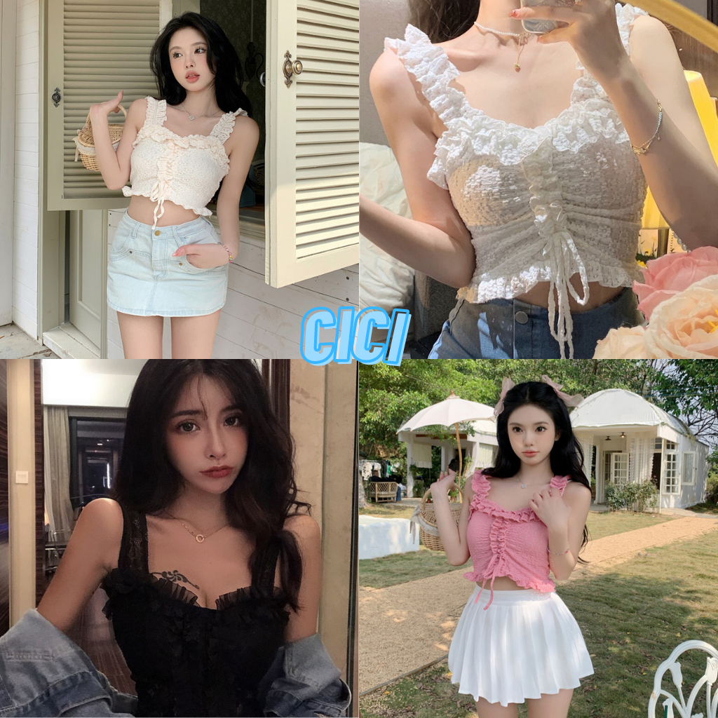 cici-no-013-เสื้อกล้ามครอป-ดีเทลเเต่งระบาย-มีเชือกรูดด้านหน้าสุดน่ารัก