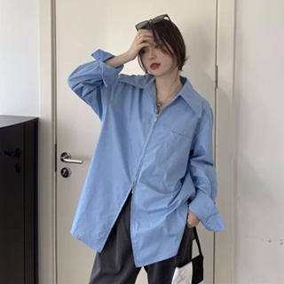 เสื้อเชิ้ตแขนยาวสีขาวผู้หญิง สีพื้น oversize เสื้อผ้าแฟชั่นสาวอวบอ้วนไซส์ใหญ่ เกาหลี มีซิปบ