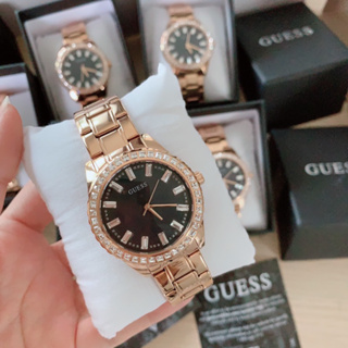 (ผ่อน0%) นาฬิกาสแตนเลส GUESS สี Rosegold watch หน้าปัดกลมล้อมคริสตัล สีดำ ขนาด38 mm