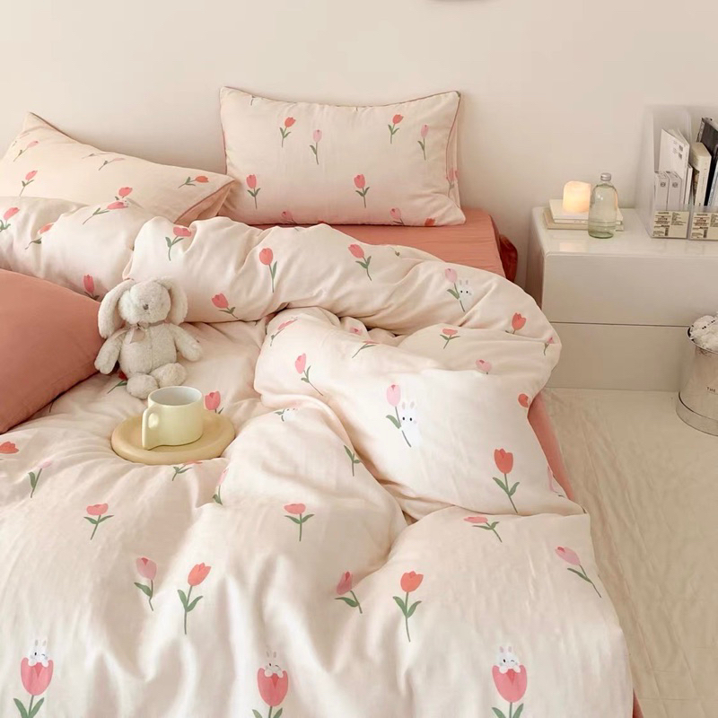 ชุดผ้าปูที่นอนพร้อมผ้านวม-ดอกทิวลิปสีชมพู