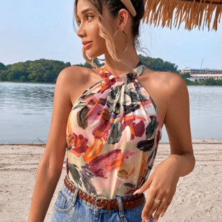 SHEIN VCAY Graphic Print Tie Back Halter Top เสื้อคล้องคอลายกราฟฟิก นำเข้า