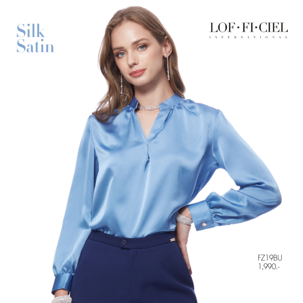 lofficiel-เสื้อแขนยาว-เสื้อเชิ้ตผู้หญิง-blouse-แขนยาว-สีฟ้า-เนื้อผ้าซิลค์-ซาติน-fz19bu