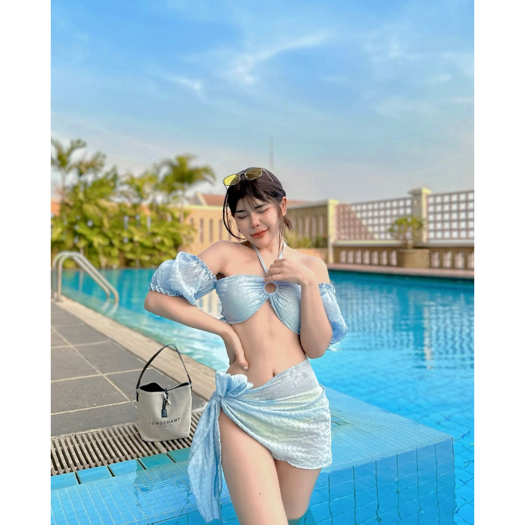 bikini-set-งาน-3-ชิ้น-ผ้าทอนูนเนื้อดีทั้งเซ็ตค่า-เสื้อเสริมฟองน้ำแขนตุ๊กตา-สม็อคหลัง-กางเกงเอวยางยืดตามสัดส่วน