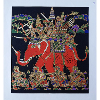 ภาพพิมพ์ศิลปะไทยบนผ้า No.11 - ช้างคู่บารมี สง่างามและทรงพลัง Exquisite Thai Art Prints on Cloth - Majestic Elephant