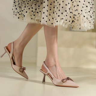รองเท้าส้นสูง Shiny Bow สีทึบ Strappy Tips หนัง PU สำหรับสุภาพสตรี HILTY SHOES