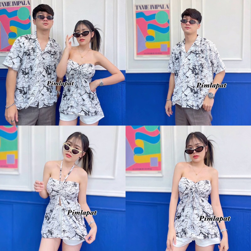 ชุดเซตเสื้อคู่-เสื้อเชิ้ตคอปกแขนสั้น-เกาะอกคล้องคอ
