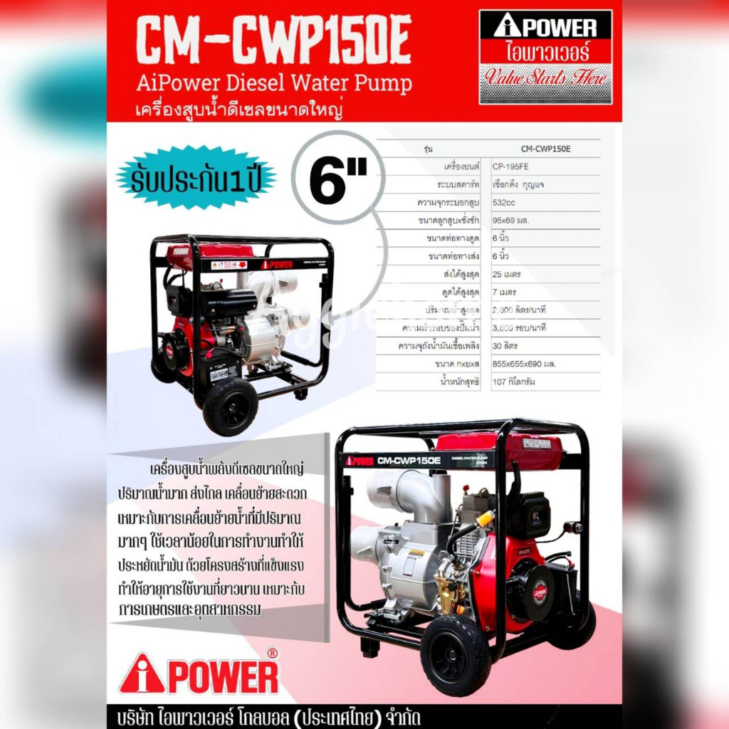 i-power-เครื่องสูบน้ำ-ดีเซล-รุ่น-cm-cwp150e-21hp-9-0kw-6นิ้ว-3600รอบ-นาที-เครื่องสูบน้ำทรงพลัง-ขนาดใหญ่-ปั๊มน้ำ