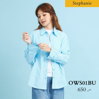 Stephanie เสื้อมีปก แขนยาว ลายทางสีฟ้า (OWS01BU)