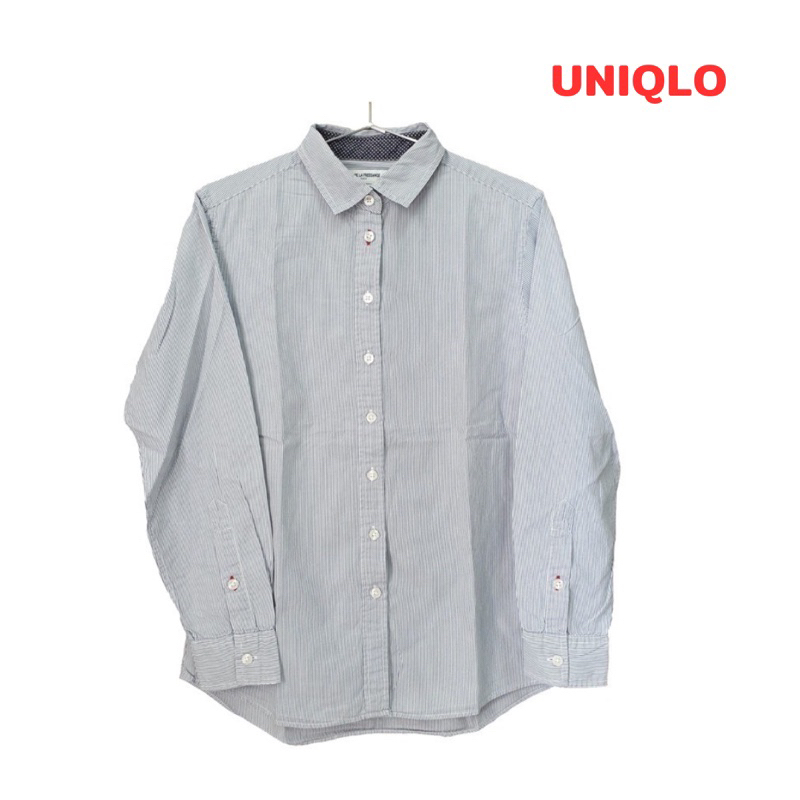 uniqlo-m-เสื้อเชิ้ตแขนยาวลายทาง-สีขาว-เทา