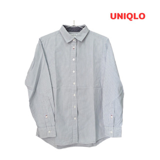 Uniqlo(M) เสื้อเชิ้ตแขนยาวลายทาง สีขาว-เทา