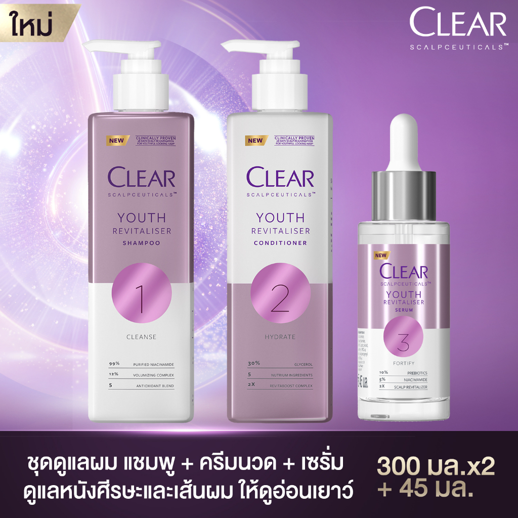 ภาพหน้าปกสินค้าCLEAR แชมพูลดผมร่วง ลดผมบาง เพิ่มวอลลุ่ม (สูตรลดผมร่วง ผมบาง เห็นผลจริงใน 14 วัน) แชมพู 300 มล. ครีมนวด 300 มล. และ เซรั่มลดผมร่วง 45 มล จากร้าน unilever_beautyhotpro บน Shopee