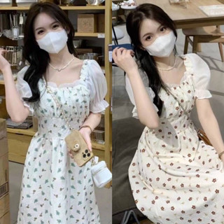 Fashion  พร้อมส่ง🔥ชุดเดรสคอวี ละบายแขนตุ๊กตา ลายดอกไม้สไตล์ฝรั่งเศสย้อนยุคแบบกระโปรงยาว 6766