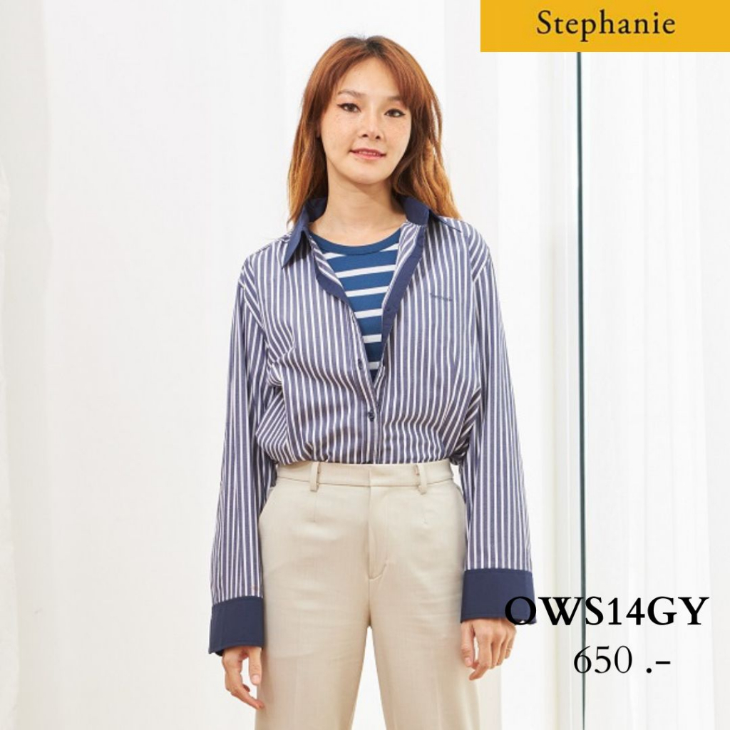 gsp-stephanie-เสื้อมีปก-แขนยาว-ลายทางสีน้ำเงิน-ows14gy
