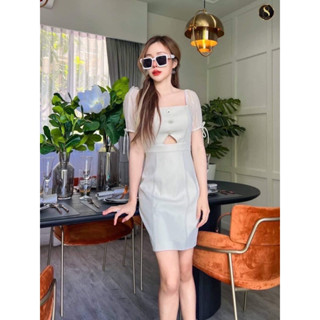 เดรสแขนผ้าย่น ผ้าแบบใหม่ใส่แล้วไม่คันแต่งผูกโบว์แขน มาพร้อมดีเทลกระดุมมุกงานแพง