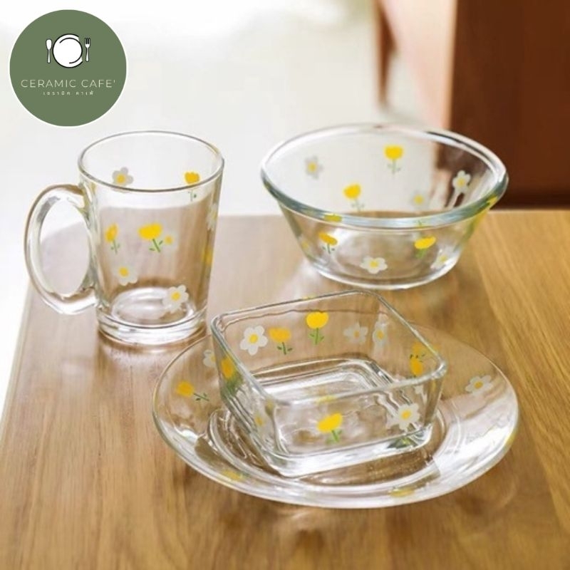 แก้วสไตล์เกาหลี-จานชามแก้วลายเดซี่-daisy-yellow-พร้อมส่ง