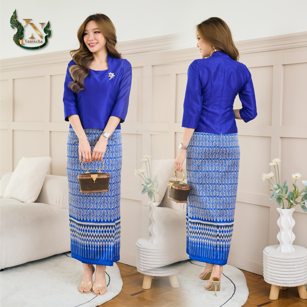 เสื้อผ้าไหมแพรทิพย์ สีน้ำเงิน ชุดออกงานไปวัด ผ้าไหมแท้ เก็บทรงสวย พร้อมส่ง