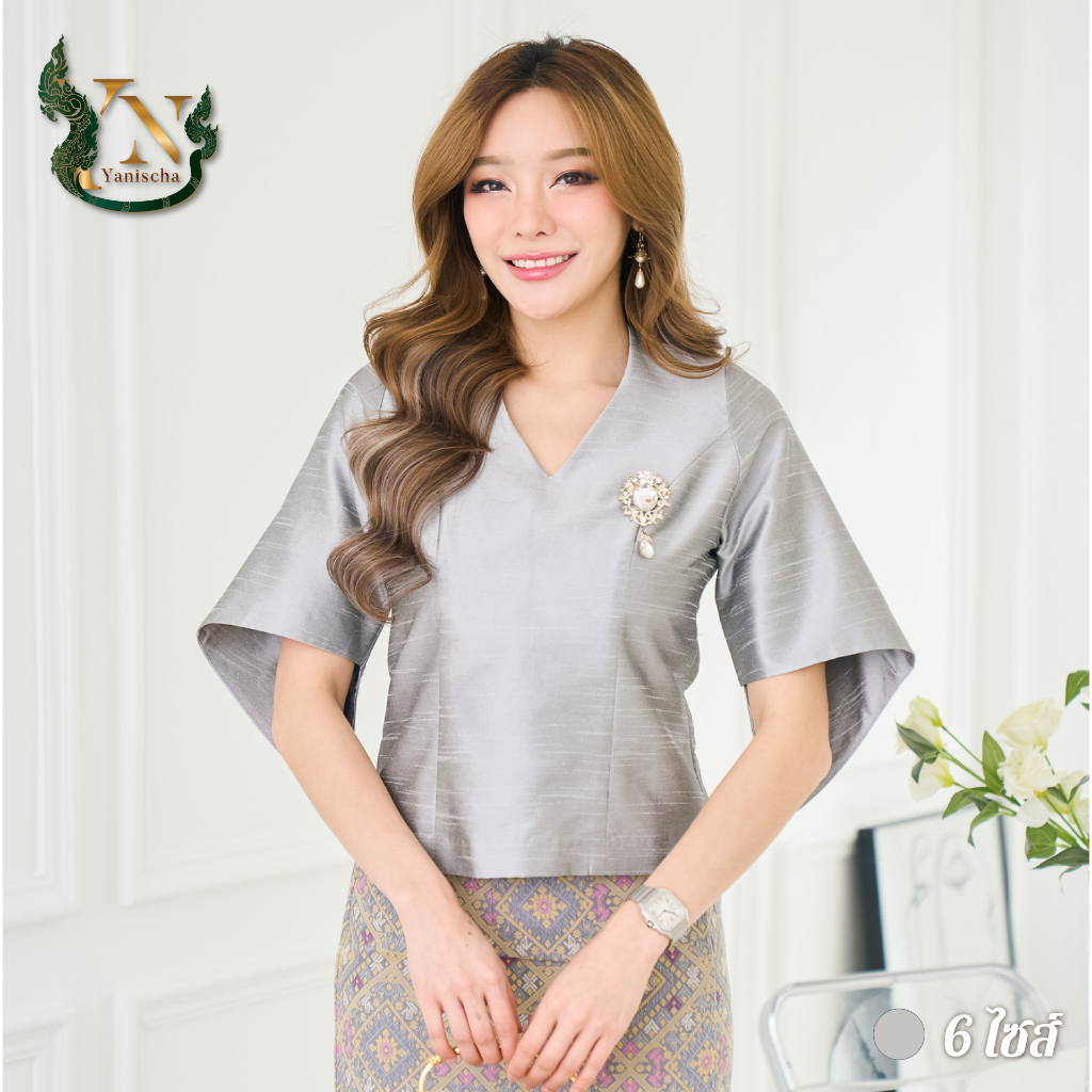 เสื้อผ้าไหมแพรทิพย์ สีเงิน New Collection ชุดออกงาน ไปวัด ผ้าไหมไทย ไซส์ M-4XL มุมมองที่ 2