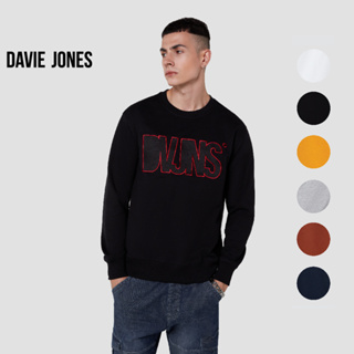 DAVIE JONES เสื้อสเวตเตอร์ ทรง Regular Fit ปักโลโก้ สีดำ สีเทา สีขาว สีเหลือง สีส้ม สีกรม Logo Print Sweater SW0018WH TD BK YE OR NV