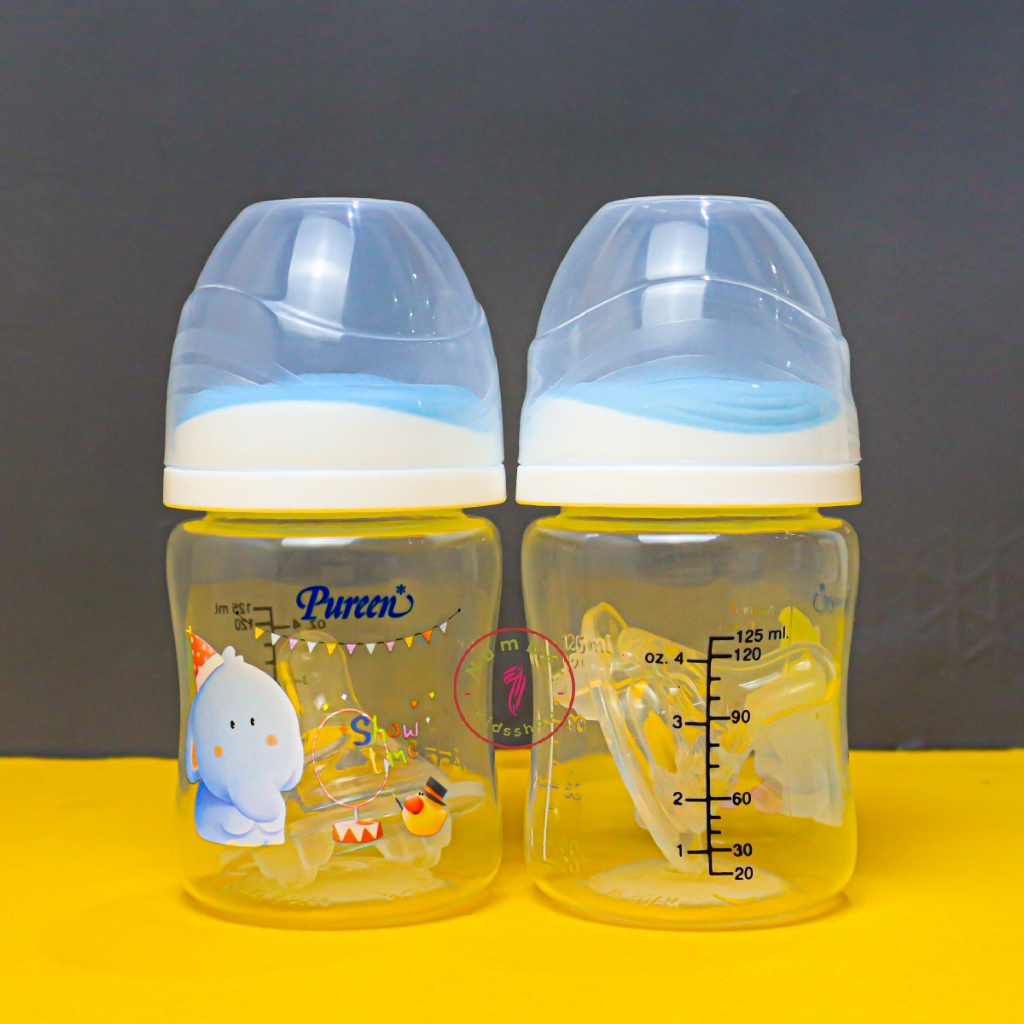 PUREEN (เพียวรีน) ขวดนมคอกว้าง ขวดใส ลายช้าง ขนาด4,8oz. แพ็ค2ขวด มา