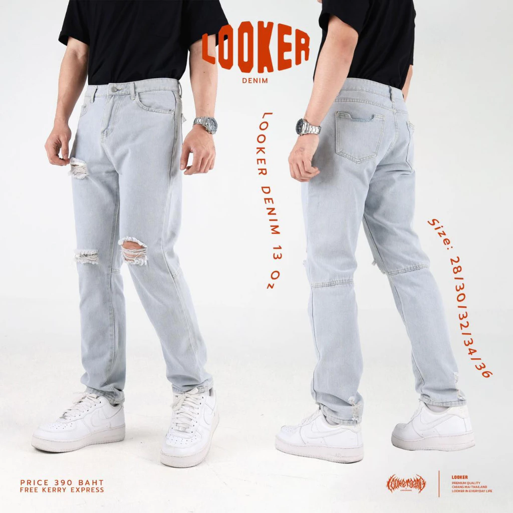 LOOKER - กางเกงยีนส์ขายาวสีฟอกแบบขาดเข่า https://wayoza.com