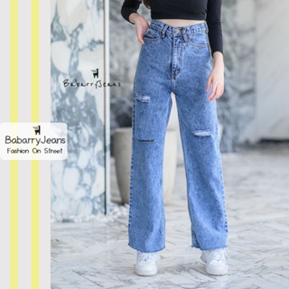 BabarryJeans ยีนส์ทรงกระบอก วินเทจ เอวสูง ยีนส์ขาด ผญ สียีนส์สโนว