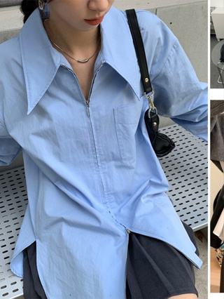 PBB2901 เสื้อเชิ้ตคอปกแขนยาวแฟชั่นเกาหลีผู้หญิงสีทึบเรียบง่าย เสื้อยาวซิปคู่ขึ้นและลงกระดุมหน้าแบบมีกระเป๋าลำลองวินเทจ