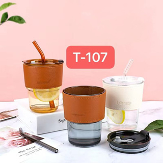 {สินค้าใหม่}แก้วกาแฟ พร้อมหลอดแก้วสีใส มีที่จับกันความร้อนT-107