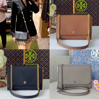 🎀 (สด-ผ่อน) กระเป๋าสีดำ น้ำตาล เทา 7.5 นิ้ว 136093 To,ry Bu,rch Emerson Black Saffiano Chain Wallet Clutch Crossbody