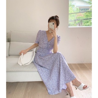 พร้อมส่ง 📌 lavender dress เดรสลายดอกเกาหลี peonies.store