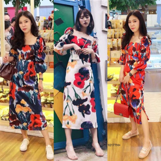 FF10177🌹Maxi Dress แม็กซี่เดรสคอเหลี่ยมแขนยาว