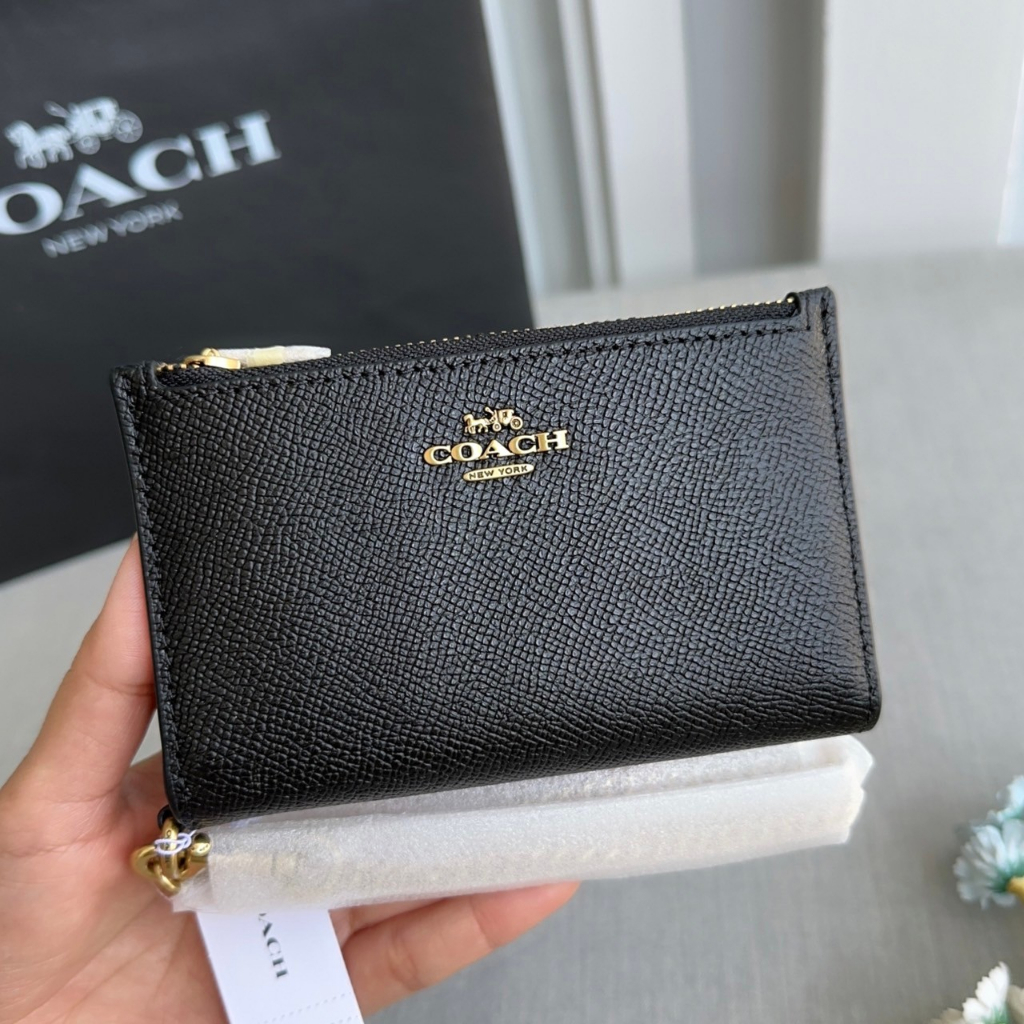 แท้-พร้อมส่ง-c2644-coach-zip-chain-card-case-key-fob-leather-wallet