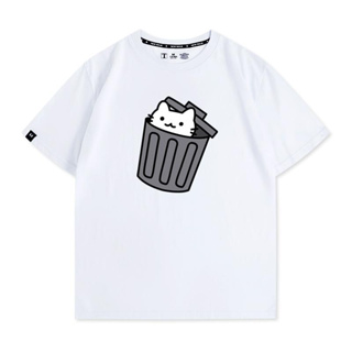 แมวในถังขยะเสื้อยืดแขนสั้นลายแมวน่ารักญี่ปุ่นผ้าฝ้ายบริสุทธิ์เสื้อยืดแฟชั่นลำลอง ผ้าฝ้ายแท้