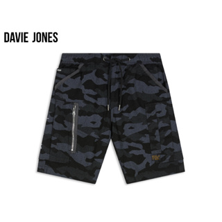 DAVIE JONES กางเกงขาสั้น ผู้ชาย เอวยางยืด ลายพราง สีดำ Camo Elasticated Shorts in Black SH0026BK