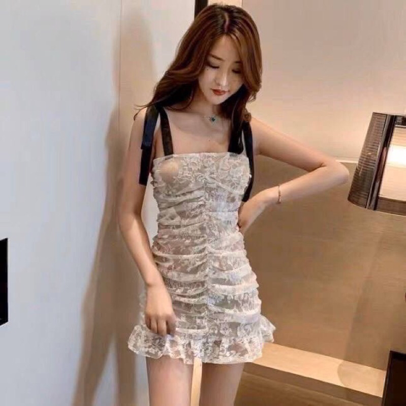 minidress-มินิเดรส-สายเดี่ยว-ลูกไม้-โบว์-ได้ลุคลูกคุณ