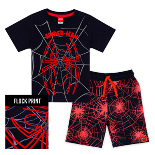 Marvel Boy Spider-Man Flock Print T-Shirt &amp; Shorts - เสื้อมาร์เวลเด็กผู้ชายพิมพ์กำมะหยี่ ลายสไปเดอร์แมน และกางเกงขาสั้น ลายสไปเดอร์แมน  สินค้าลิขสิทธ์แท้100% characters studio