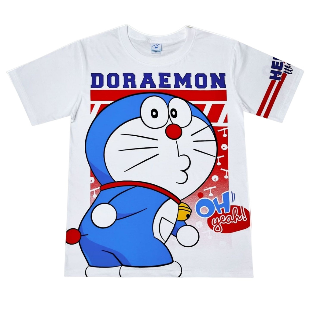 เสื้อยืดสีขาว-คอตตอน-เสื้อผ้าลายการ์ตูนลิขสิทธิ์แท้-เสื้อแขนสั้น-แฟชั่น-doraemon-โดราเอมอน-แมวสีฟ้า-adc101-661-t-shirt