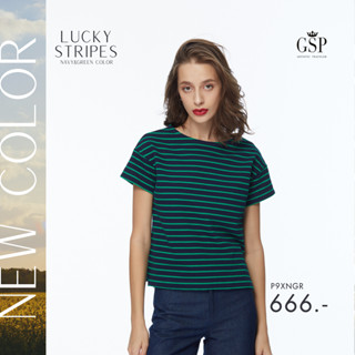 GSP เสื้อยืด เสื้อยืดผู้หญิง Lucky Stripes Collection  กับโทนสีสดใส Navy&amp;Green Color แขนสั้น (P9XNGR)