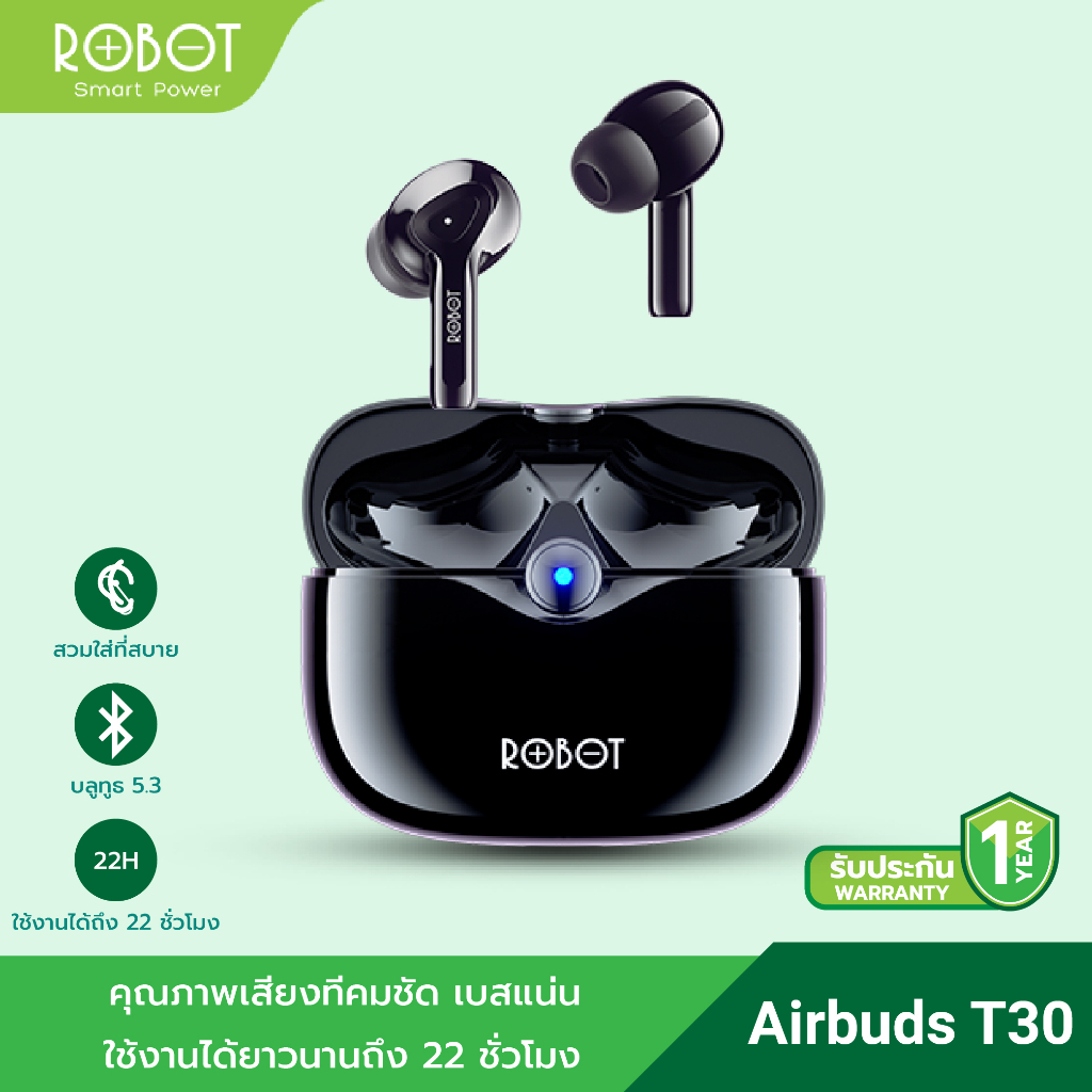 ภาพหน้าปกสินค้าROBOT รุ่น T20/T30 หูฟังบลูทูธ หูฟังบลูทูธไร้สาย หูฟัง Bluetooth Wireless Earphone Airbuds/In-Ear บลูทูธ 5.3 กันน้ำ IPX4 ประกัน 1 ปี