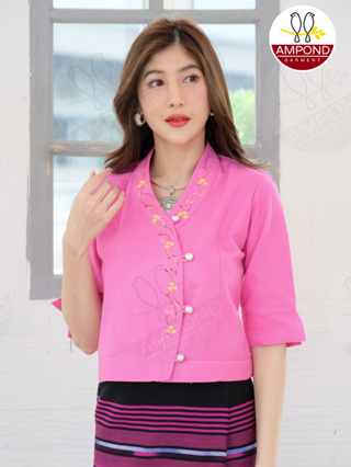 เสื้อผ้าฝ้ายชินมัยผู้หญิงแบบโค้งปักดอกแขนสามส่วนสีชมพู