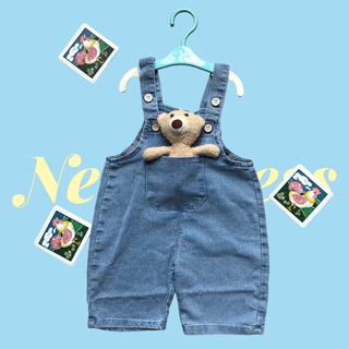 ชุดเอี๊ยม ยีนส์ มีตุ๊กตาหมี ถอดได้ สำหรับเด็ก ผ้าฟอก เนื้อนิ่ม Denim 5 ไซส์ 110-150