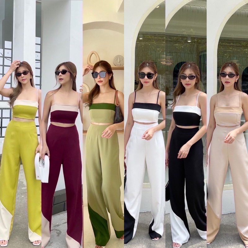 พร้อมส่ง-ต้อนรับหน้าร้อน-2-tone-set-set-ทูโทนสีแดงไวน์-มา-ผ้าเกรดดี-เซทกางเกงขายาว