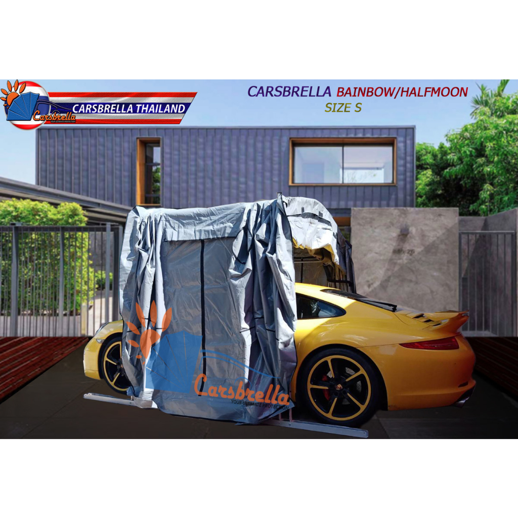 โรงจอดรถจอดรถสำเร็จรูป-carsbrella-รุ่น-halfmoon-size-s-m-l-xl-สำหรับรถทุกขนาด-เปิดปิดด้วยโช๊คอัพ