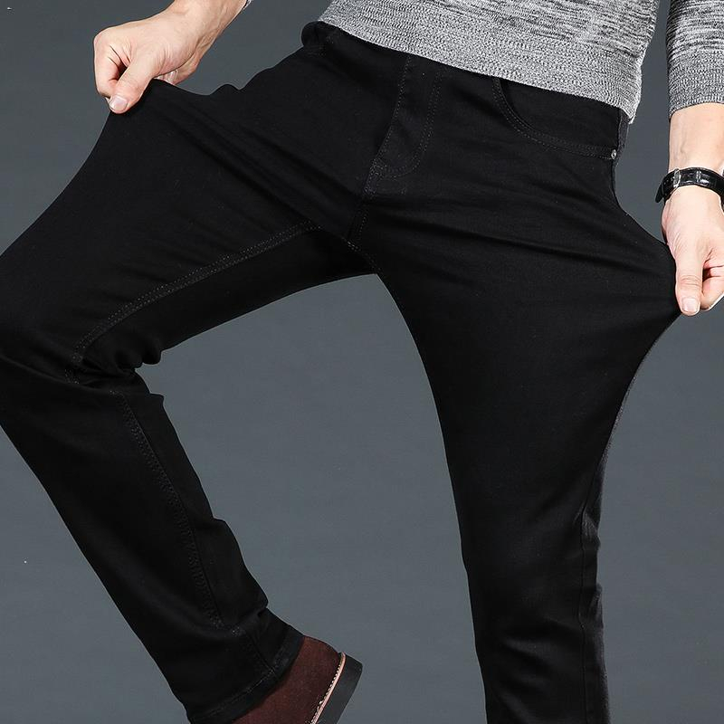 กางเกงยีนส์สีดำบริสุทธิ์ยืดสูงสำหรับชายหนุ่ม-ผอมเพรียว-อ้วนตรง-พลัสไซส์-กางเกงขายาวฤดูร้อนบาง-jeans