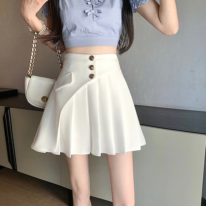 กระโปรงผ้าคอตตอลหนาเนื้อดีใส่สบาย-งานจับจีบรอบ-แต่งกระดุม-ซิปข้าง-มีซับในเป็นกางเกงค่า-ทรงสวยใส่แล้วเก็บทรงดี