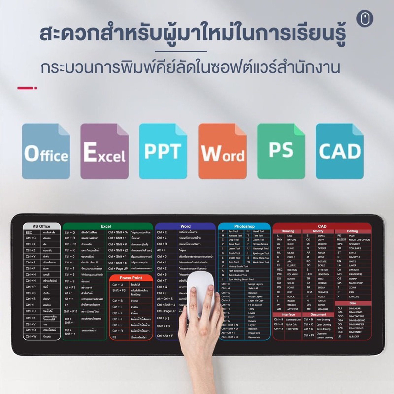 แผ่นรองเมาส์-แผ่นรองเมาส์คีย์ลัด-ขนาดใหญ่-80x30cm-สกรีนคีย์ลัด-msoffice-ai-ps-cad-excel