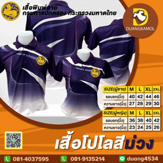 เสื้อโปโลพิมพ์ลายริ้ว1 สีม่วง สกรีนDTFกรมการปกครองกระทรวงมหาดไทย