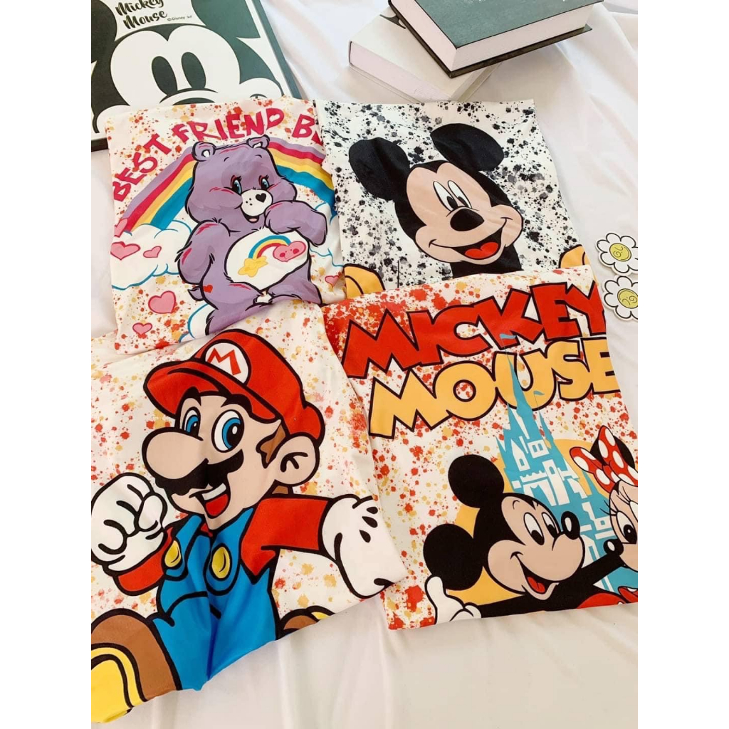 พร้อมส่ง-เสื้อยืด-เสื้อยืดคอกลม-mickey-mouse-แคร์แบร์-มาริโอ้-ผ้า-cotton-ฝ้าย-งานป้ายzara