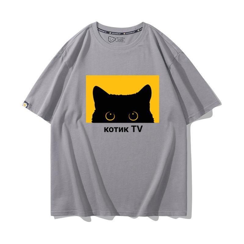 น่ารัก-cat-แมวดำแฟชั่นเสื้อยืดผ้าฝ้ายแขนสั้น-unisex-พิมพ์ลายสัตว์น่ารัก