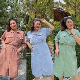 ชุดเดรส คอปกเชิ้ต กระดุมหน้าถอดได้ อก44-50# สาวอวบอ้วน Plus Size